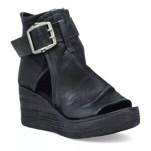 $400 A.S.98 Naya Wedge PLATFORM STACK Sandal BLACK LEATHER 37 (DB9)